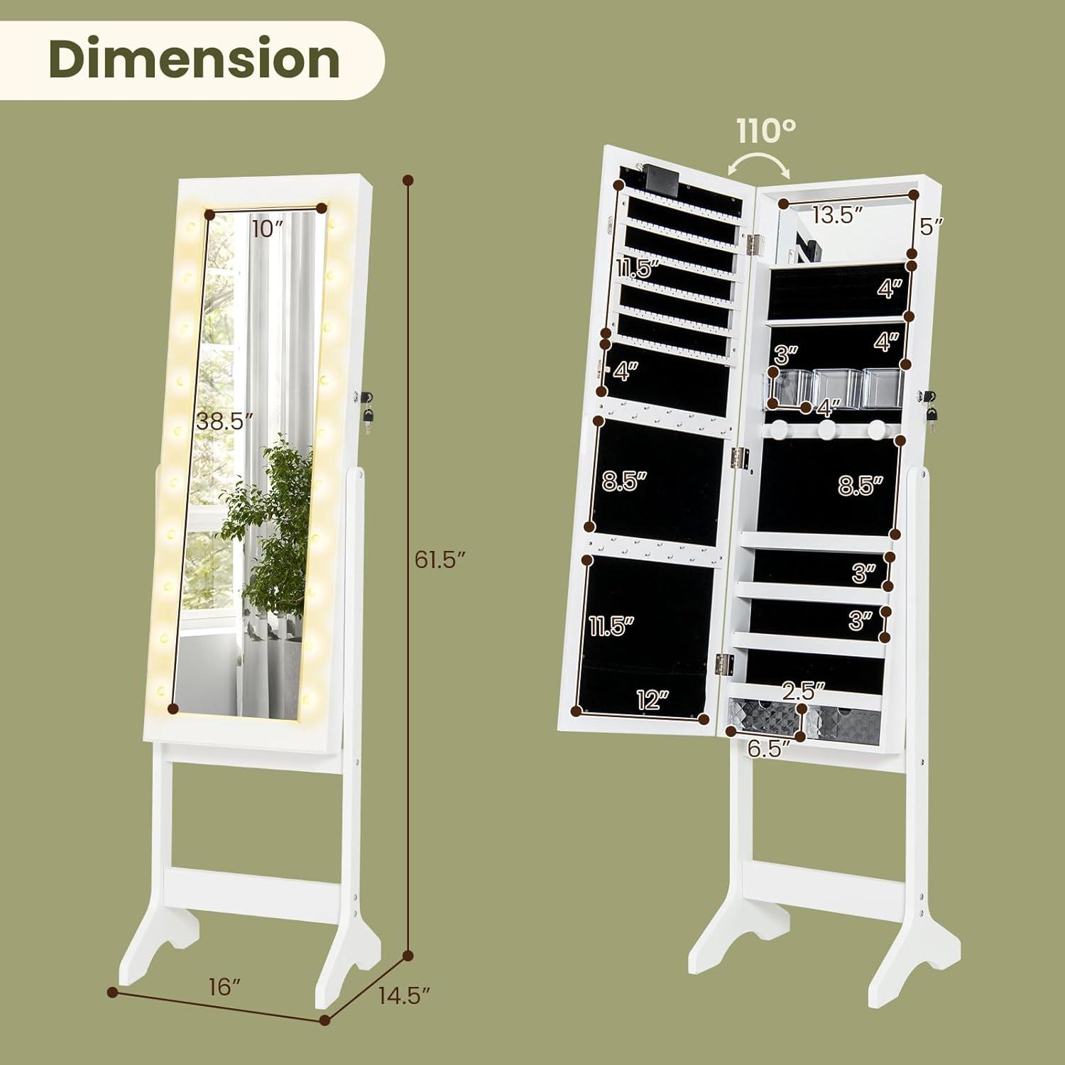 image:imageGiantex Standing Jewelry Armoire with 18 LED Lights Around the Door Large Storage Mirrored Jewelry Cabinet with Full Length Mirror 16 Lipstick Holders 1 Inside Makeup Mirror WhiteWhite