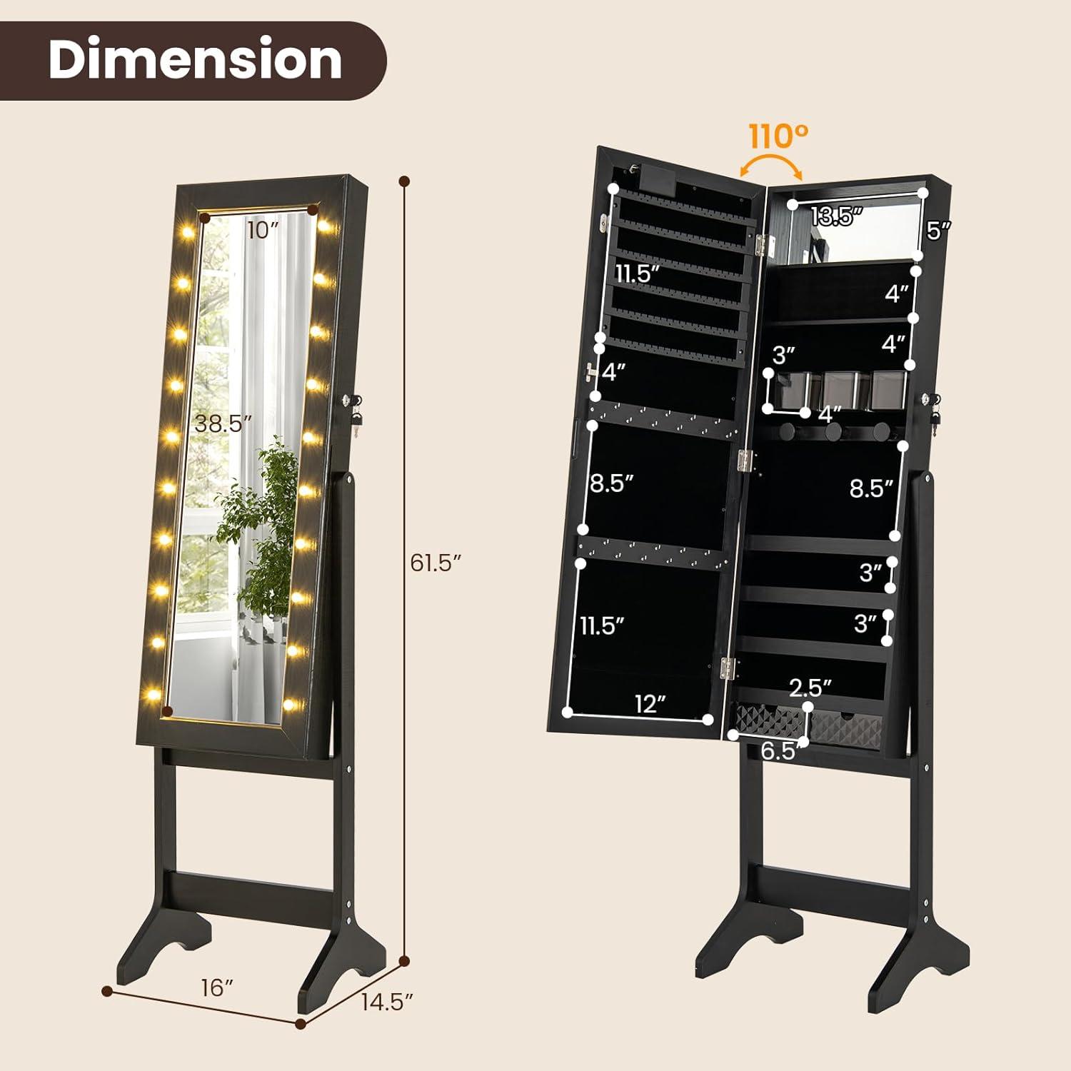 image:imageGiantex Standing Jewelry Armoire with 18 LED Lights Around the Door Large Storage Mirrored Jewelry Cabinet with Full Length Mirror 16 Lipstick Holders 1 Inside Makeup Mirror WhiteBlack