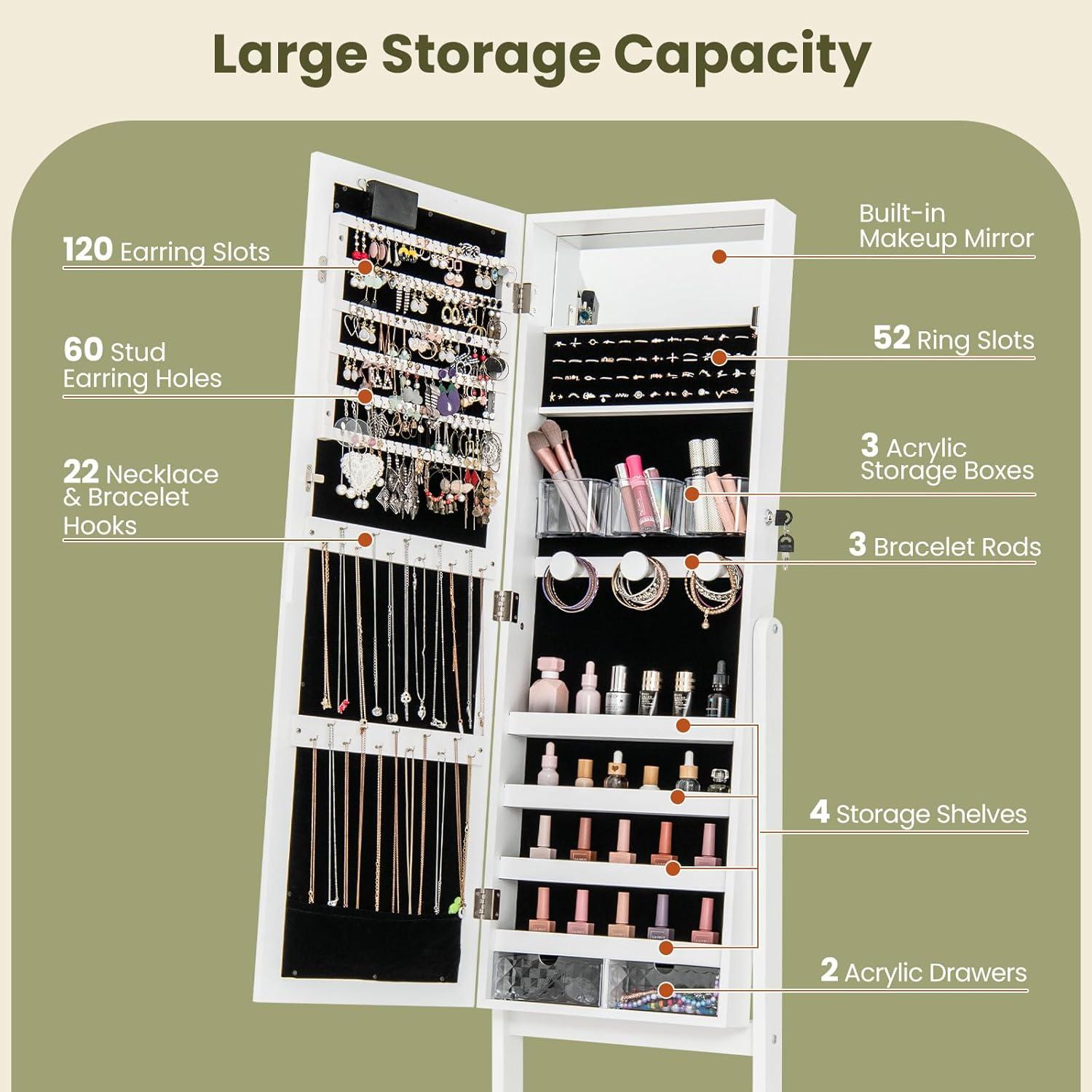 image:imageGiantex Standing Jewelry Armoire with 18 LED Lights Around the Door Large Storage Mirrored Jewelry Cabinet with Full Length Mirror 16 Lipstick Holders 1 Inside Makeup Mirror WhiteWhite