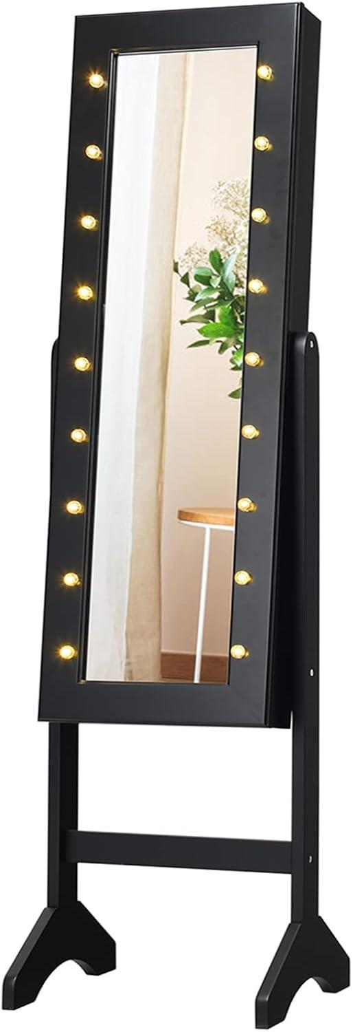 image:imageGiantex Standing Jewelry Armoire with 18 LED Lights Around the Door Large Storage Mirrored Jewelry Cabinet with Full Length Mirror 16 Lipstick Holders 1 Inside Makeup Mirror WhiteBlack