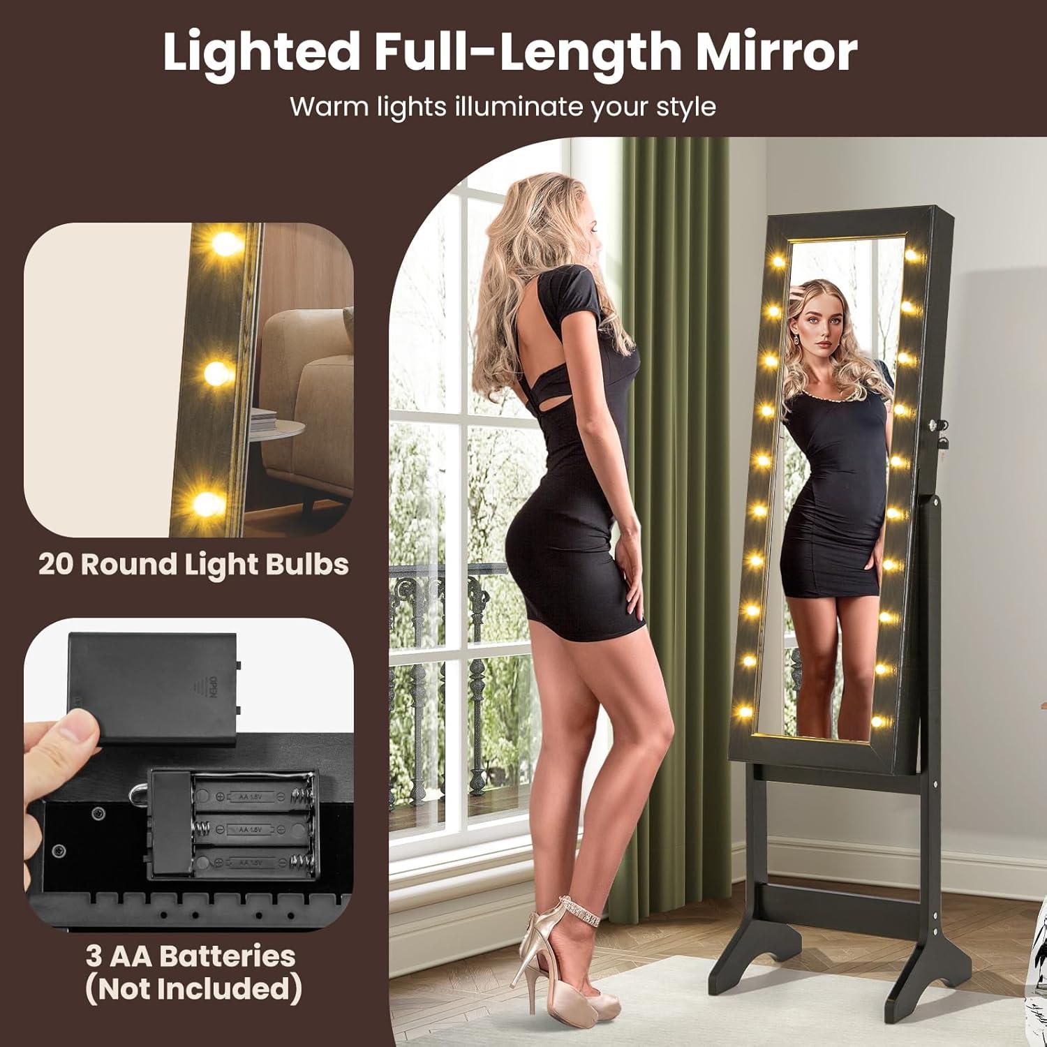 image:imageGiantex Standing Jewelry Armoire with 18 LED Lights Around the Door Large Storage Mirrored Jewelry Cabinet with Full Length Mirror 16 Lipstick Holders 1 Inside Makeup Mirror WhiteBlack