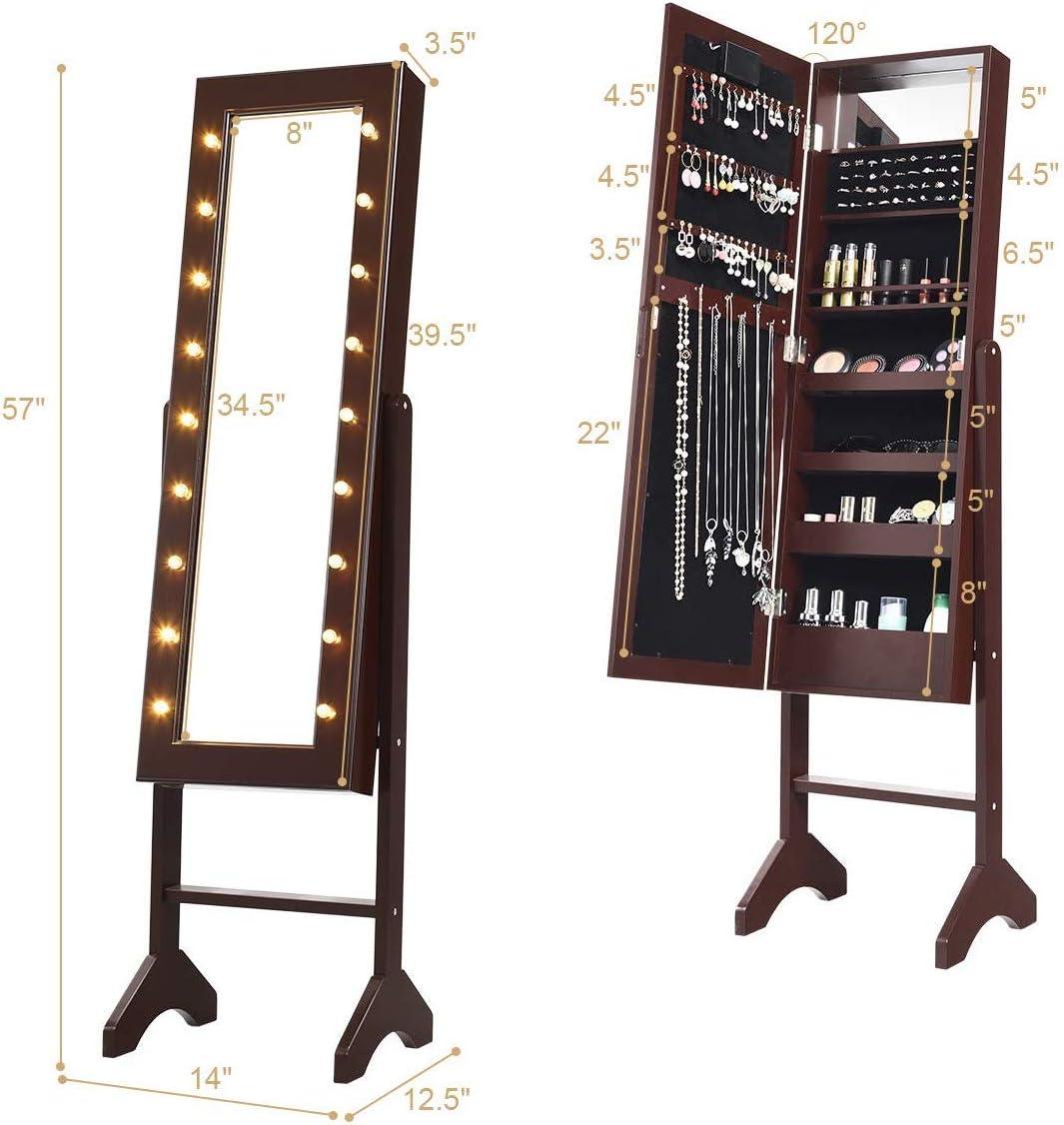 image:imageGiantex Standing Jewelry Armoire with 18 LED Lights Around the Door Large Storage Mirrored Jewelry Cabinet with Full Length Mirror 16 Lipstick Holders 1 Inside Makeup Mirror WhiteBrown