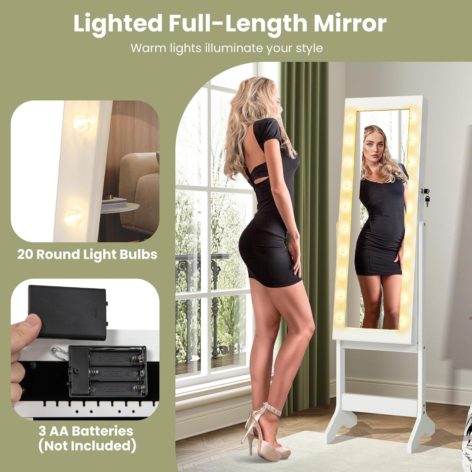 image:imageGiantex Standing Jewelry Armoire with 18 LED Lights Around the Door Large Storage Mirrored Jewelry Cabinet with Full Length Mirror 16 Lipstick Holders 1 Inside Makeup Mirror WhiteWhite