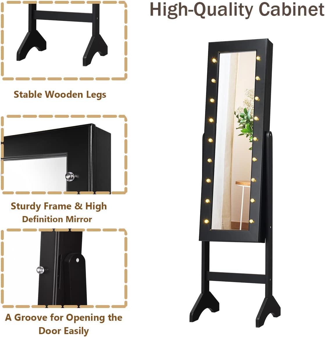 image:imageGiantex Standing Jewelry Armoire with 18 LED Lights Around the Door Large Storage Mirrored Jewelry Cabinet with Full Length Mirror 16 Lipstick Holders 1 Inside Makeup Mirror WhiteBlack