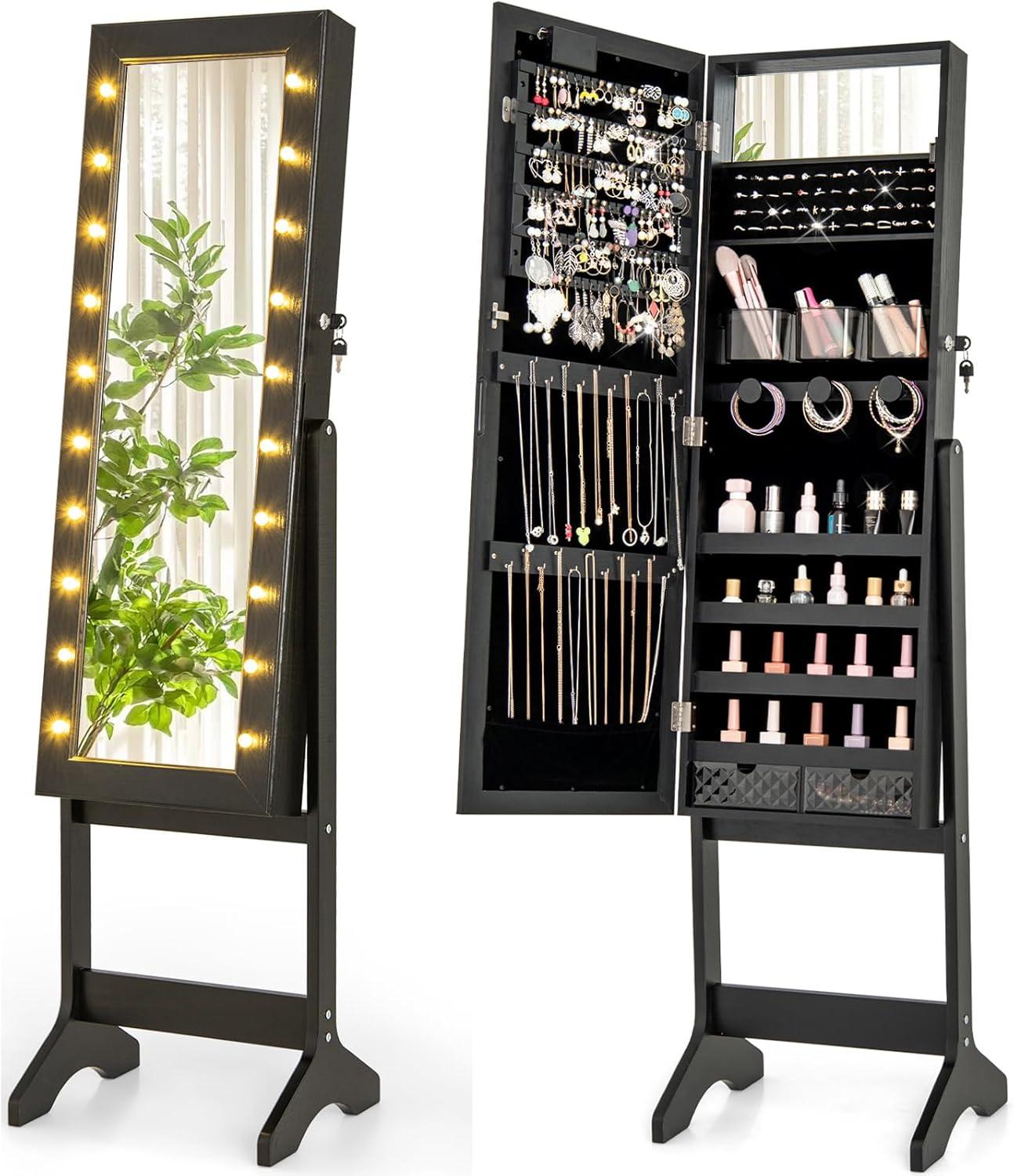 image:imageGiantex Standing Jewelry Armoire with 18 LED Lights Around the Door Large Storage Mirrored Jewelry Cabinet with Full Length Mirror 16 Lipstick Holders 1 Inside Makeup Mirror WhiteBlack
