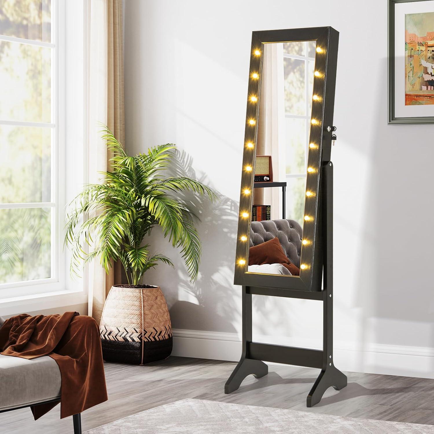 image:imageGiantex Standing Jewelry Armoire with 18 LED Lights Around the Door Large Storage Mirrored Jewelry Cabinet with Full Length Mirror 16 Lipstick Holders 1 Inside Makeup Mirror WhiteBlack