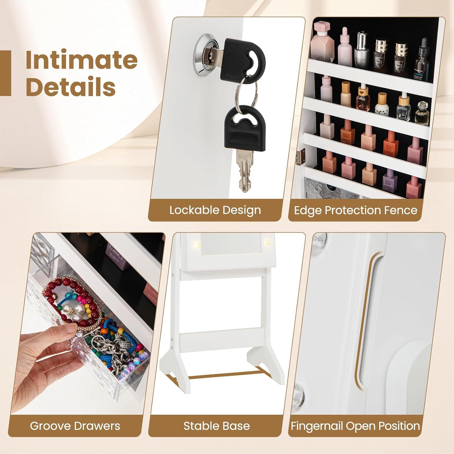 image:imageGiantex Standing Jewelry Armoire with 18 LED Lights Around the Door Large Storage Mirrored Jewelry Cabinet with Full Length Mirror 16 Lipstick Holders 1 Inside Makeup Mirror WhiteWhite