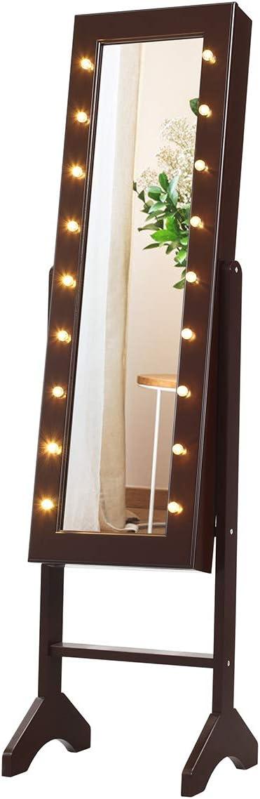 image:imageGiantex Standing Jewelry Armoire with 18 LED Lights Around the Door Large Storage Mirrored Jewelry Cabinet with Full Length Mirror 16 Lipstick Holders 1 Inside Makeup Mirror WhiteBrown