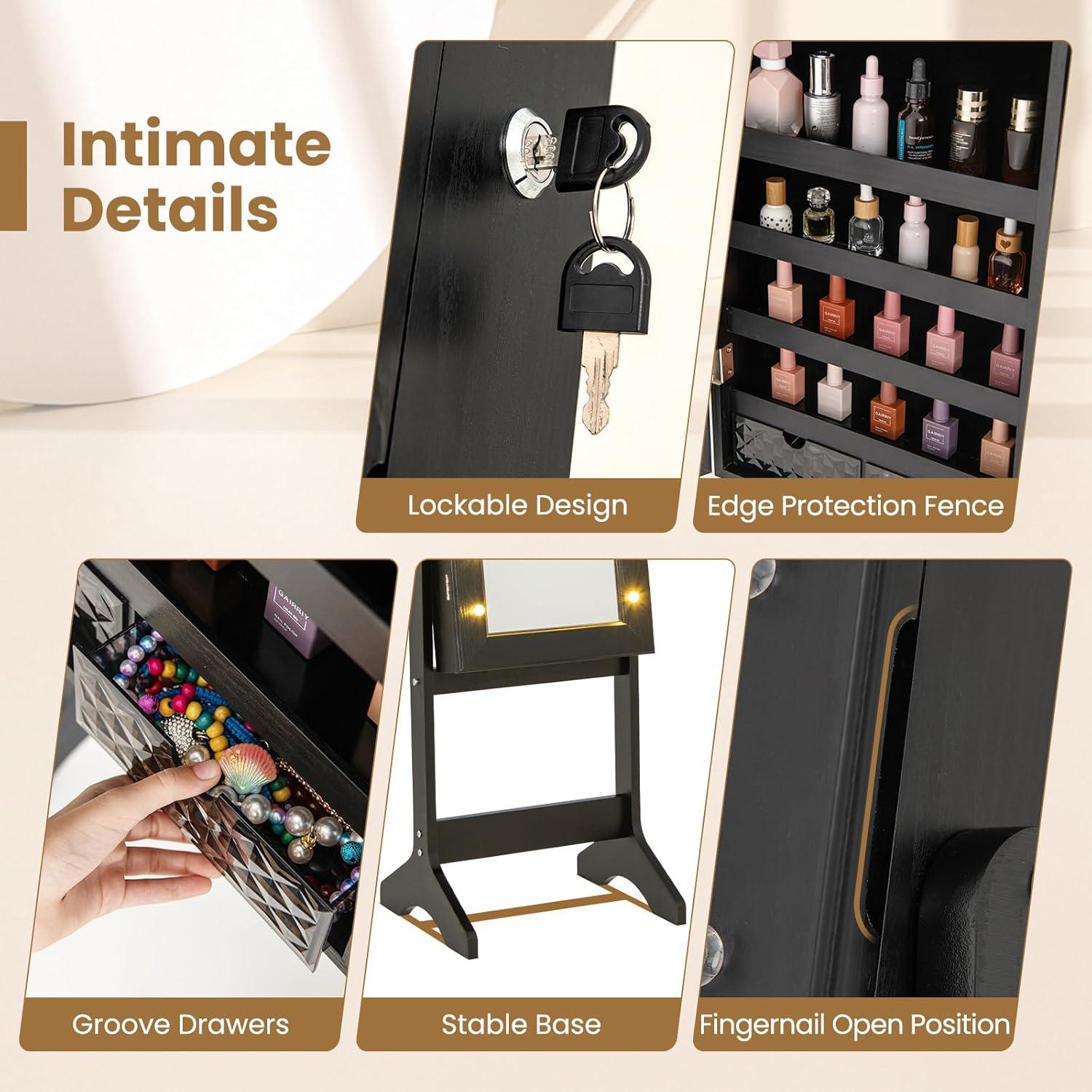 image:imageGiantex Standing Jewelry Armoire with 18 LED Lights Around the Door Large Storage Mirrored Jewelry Cabinet with Full Length Mirror 16 Lipstick Holders 1 Inside Makeup Mirror WhiteBlack