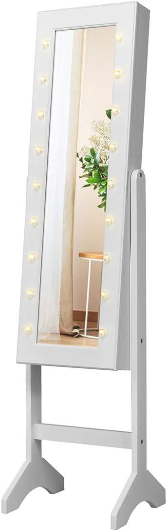 image:imageGiantex Standing Jewelry Armoire with 18 LED Lights Around the Door Large Storage Mirrored Jewelry Cabinet with Full Length Mirror 16 Lipstick Holders 1 Inside Makeup Mirror WhiteWhite