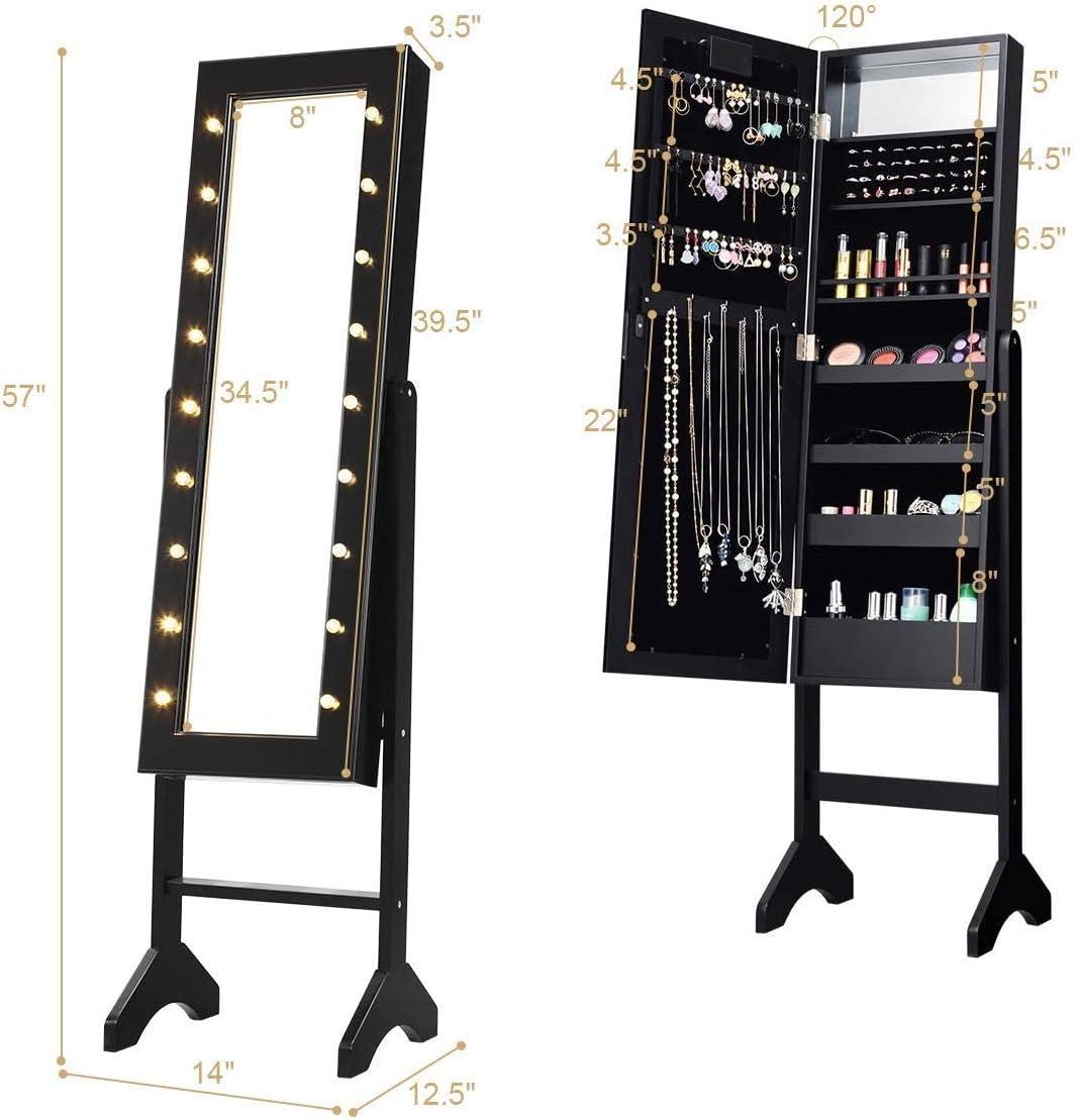 image:imageGiantex Standing Jewelry Armoire with 18 LED Lights Around the Door Large Storage Mirrored Jewelry Cabinet with Full Length Mirror 16 Lipstick Holders 1 Inside Makeup Mirror WhiteBlack