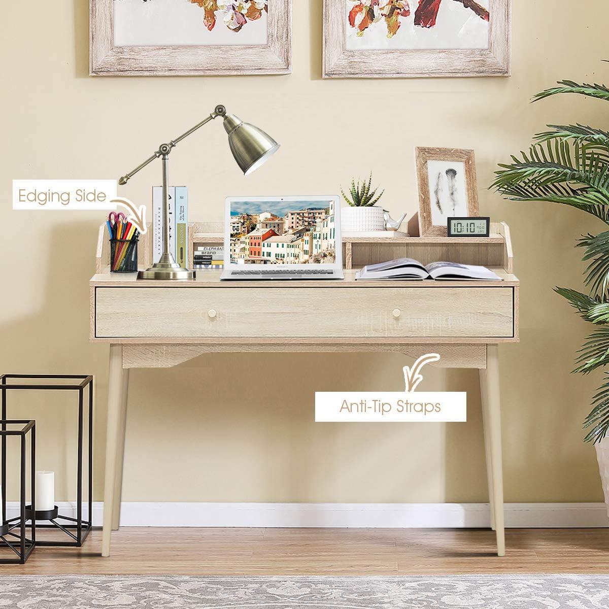 image:imageGiantex Vanity Desk Makup Table with Large Drawer Storage Shelves Wooden Writing Desk Computer Workstation for Home Office Bedroom Apartment Small SpaceNatural