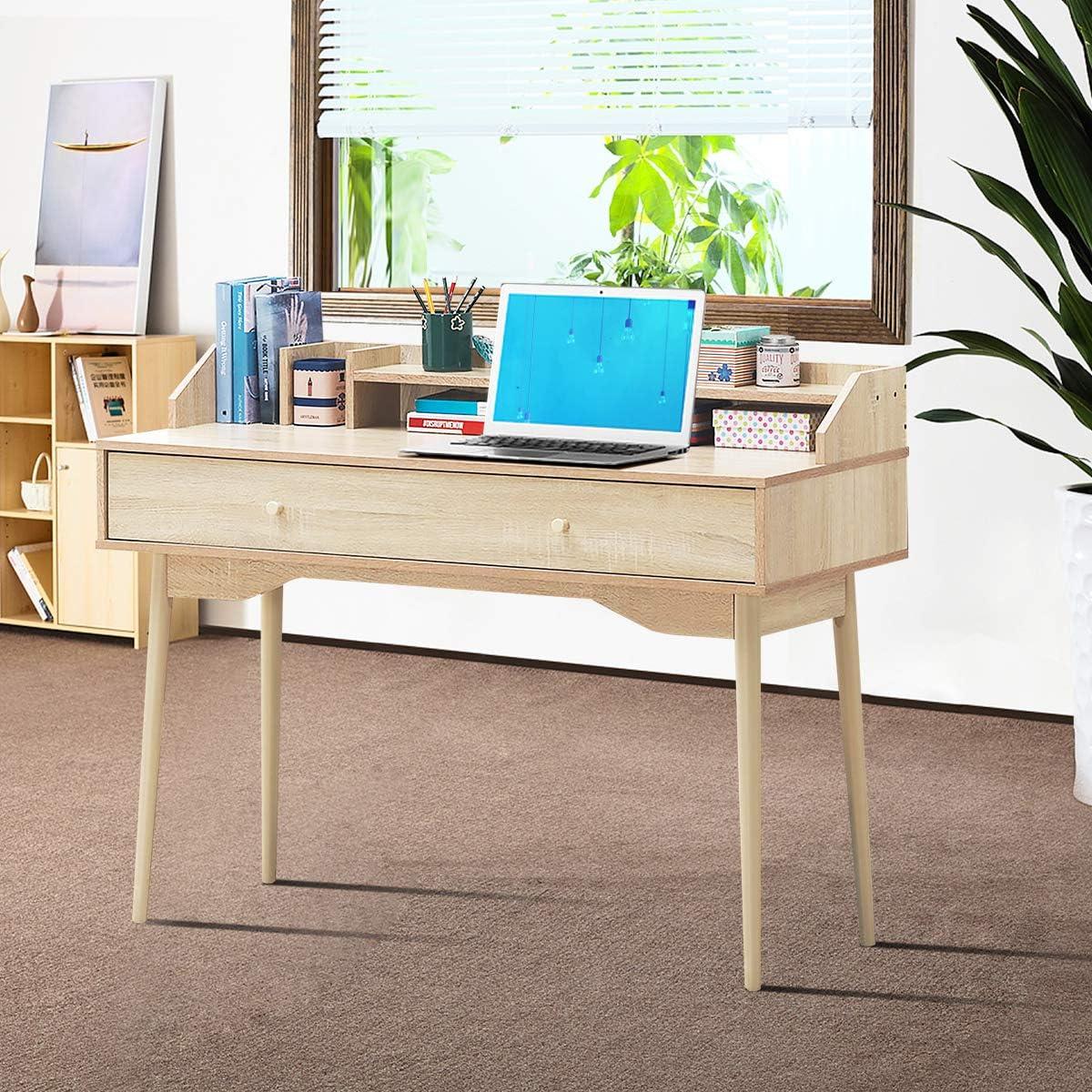 image:imageGiantex Vanity Desk Makup Table with Large Drawer Storage Shelves Wooden Writing Desk Computer Workstation for Home Office Bedroom Apartment Small SpaceNatural