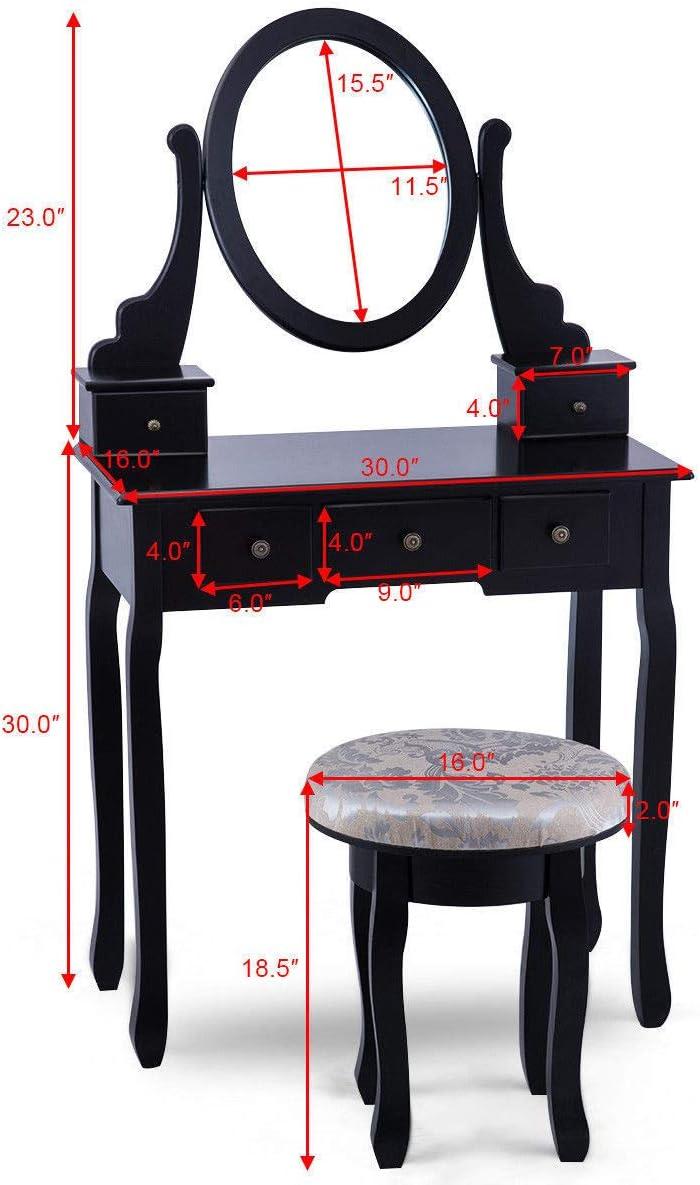 image:imageGiantex Vanity Makeup Table Set Bedroom Furniture with Cushioned Padded Stool amp 5 Drawer Round 360 Degree Rotation Swivel Mirror Dressing Table Stool Wooden Vanity Set Black with 5 Drawer
