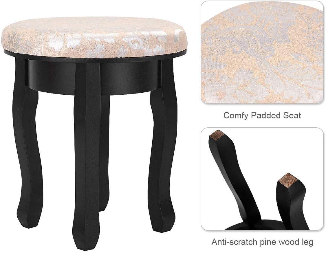 image:imageGiantex Vanity Makeup Table Set Bedroom Furniture with Cushioned Padded Stool amp 5 Drawer Round 360 Degree Rotation Swivel Mirror Dressing Table Stool Wooden Vanity Set Black with 5 Drawer