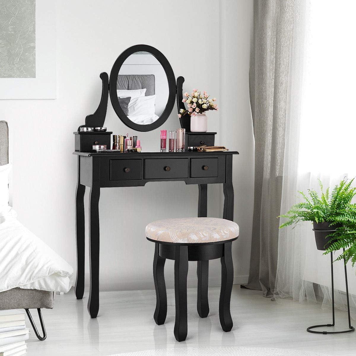 image:imageGiantex Vanity Makeup Table Set Bedroom Furniture with Cushioned Padded Stool amp 5 Drawer Round 360 Degree Rotation Swivel Mirror Dressing Table Stool Wooden Vanity Set Black with 5 Drawer