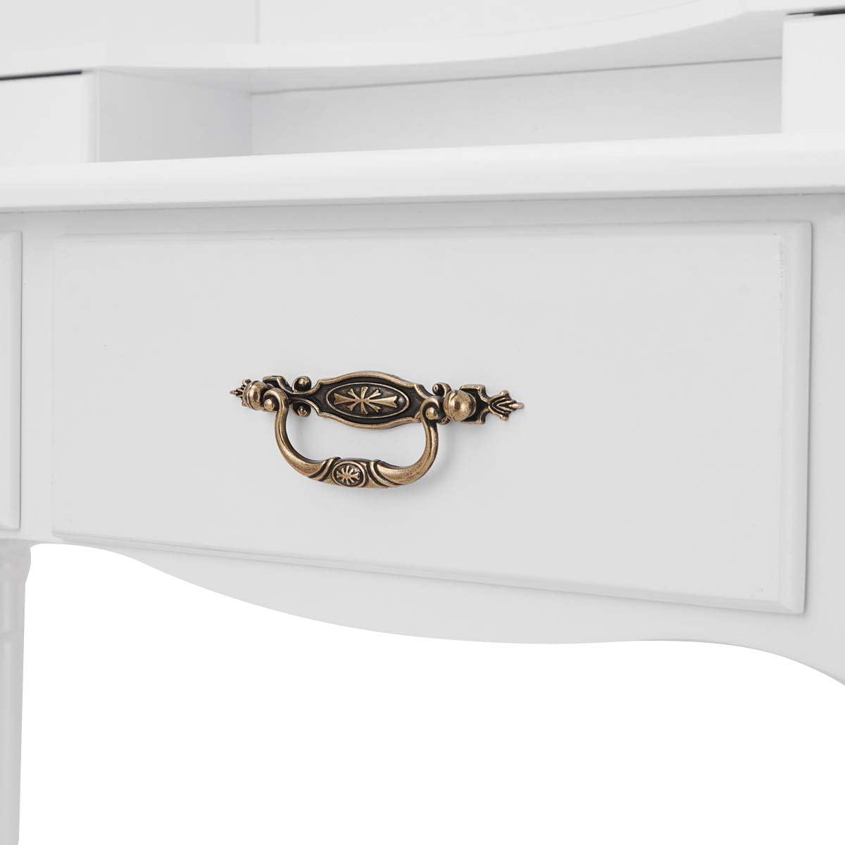 image:imageGiantex Vanity Set Makeup Table with Stool Dressing Tables with 4 Drawers TriFolding Mirror Large Mirrored Room Vanity Desk for Bedroom Bathroom Padded Seat Chair Vanities White
