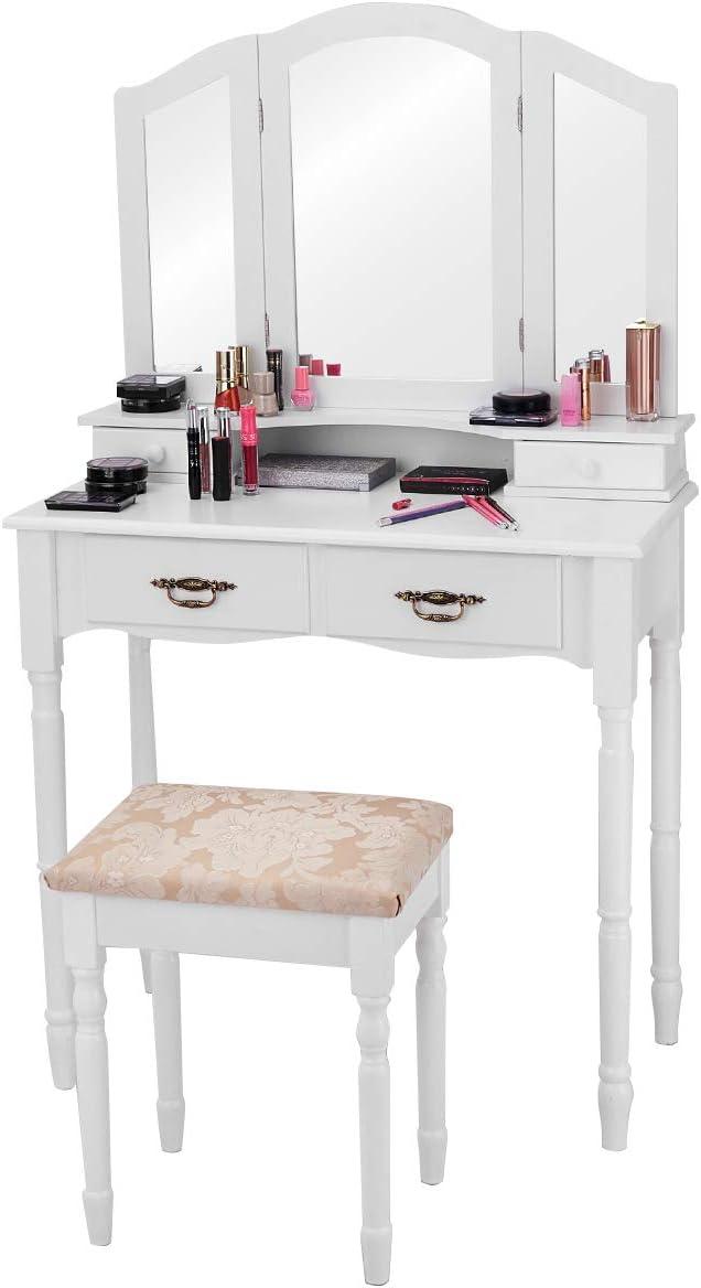 image:imageGiantex Vanity Set Makeup Table with Stool Dressing Tables with 4 Drawers TriFolding Mirror Large Mirrored Room Vanity Desk for Bedroom Bathroom Padded Seat Chair Vanities White