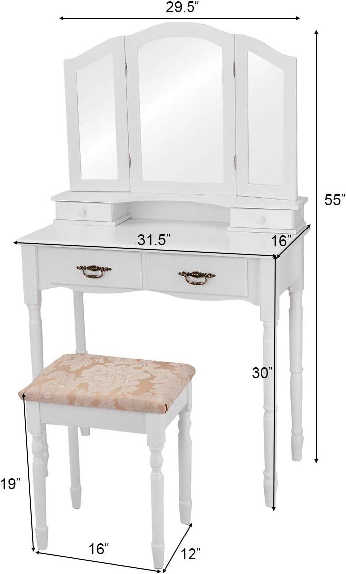 image:imageGiantex Vanity Set Makeup Table with Stool Dressing Tables with 4 Drawers TriFolding Mirror Large Mirrored Room Vanity Desk for Bedroom Bathroom Padded Seat Chair Vanities White