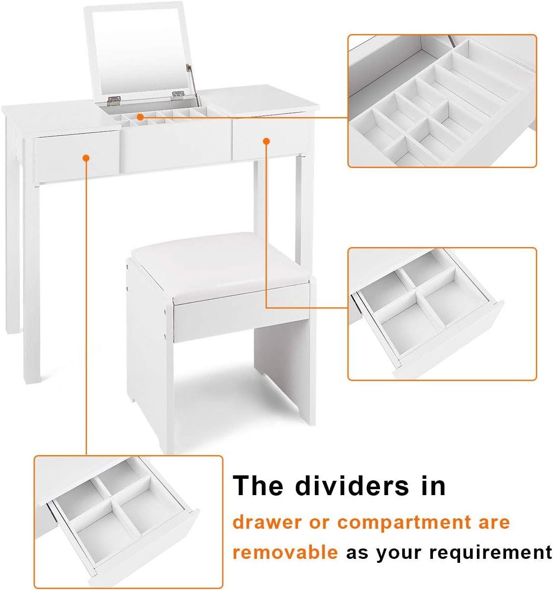 image:imageGiantex Vanity Set with Flip Top Mirror and Cushioned Stool Makeup Dressing Table Writing Desk with 2 Drawers amp 3 Removable Organizers Makeup Table Set Easy Assembly WhiteWhite
