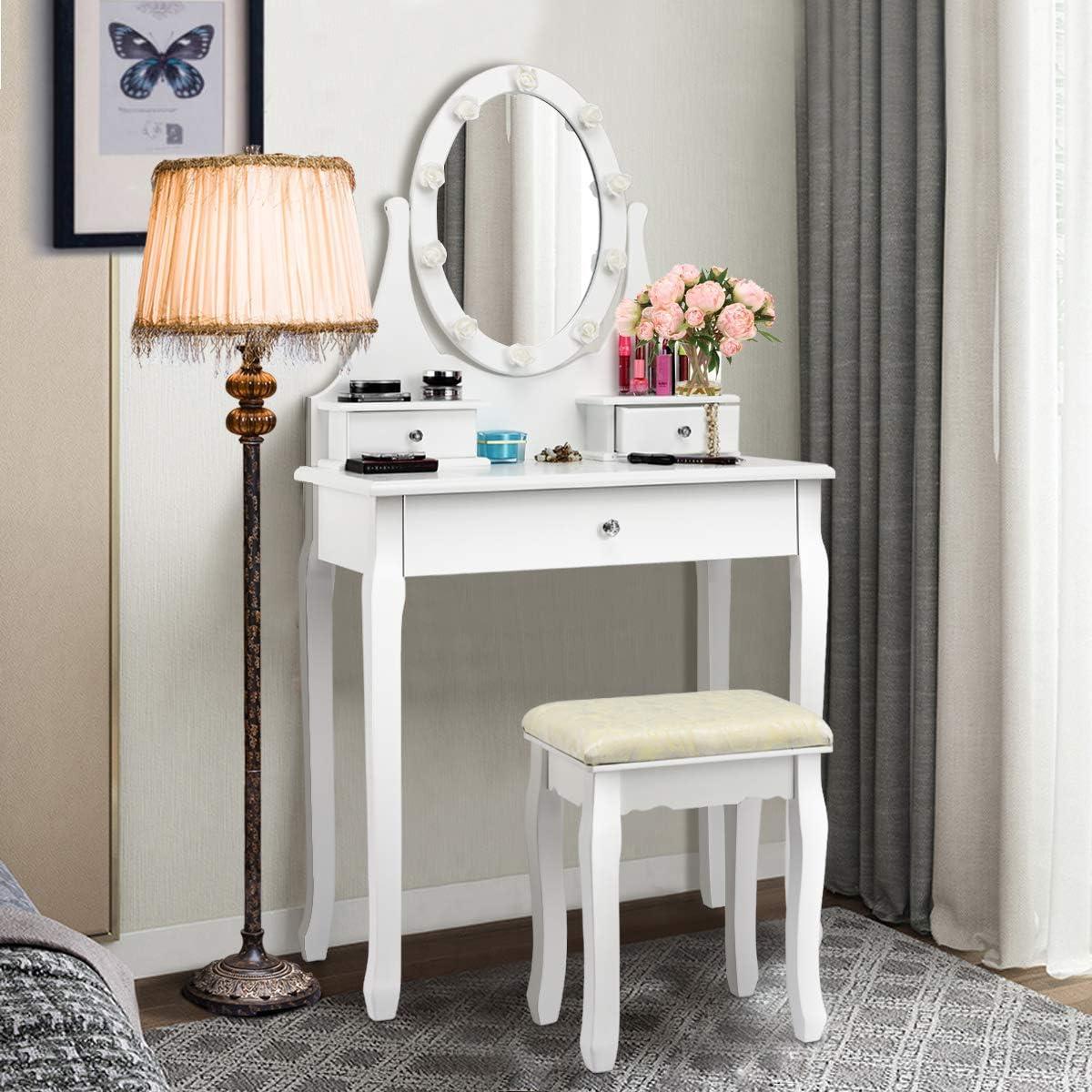 image:imageGiantex Vanity Set with Lighted Mirror Makeup Table with 10 Rose Light Modern Dressing Desk with Cushioned Stool 3 Drawers and 360 Rotating Mirror for Bedroom Vanity Table with Stool BlackWhite