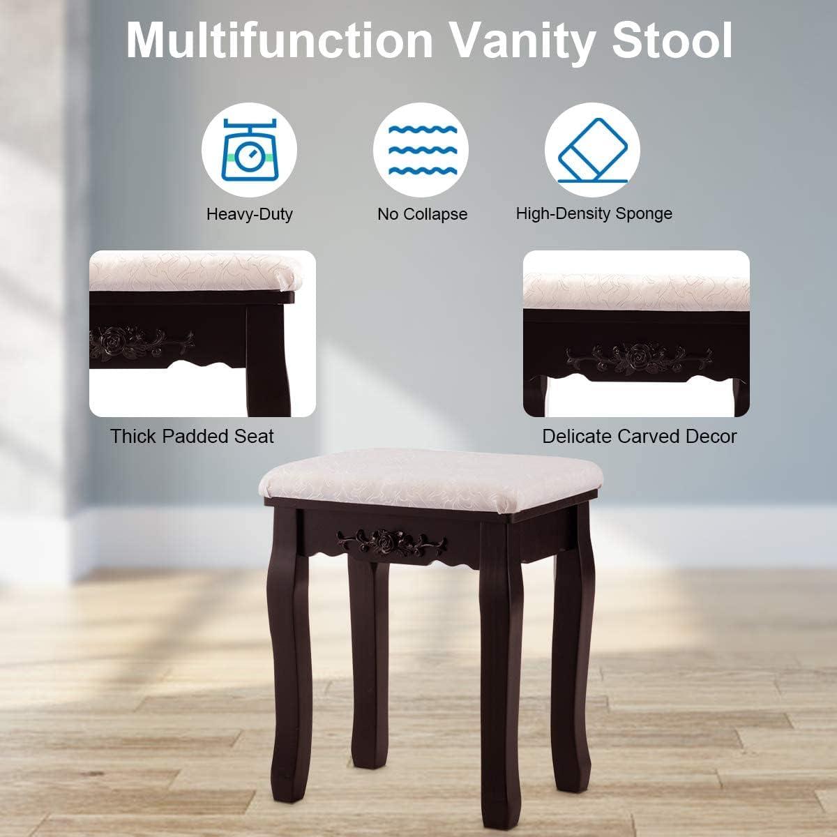 image:imageGiantex Vanity Set with Lighted Mirror Makeup Table with 10 Rose Light Modern Dressing Desk with Cushioned Stool 3 Drawers and 360 Rotating Mirror for Bedroom Vanity Table with Stool BlackEspresso