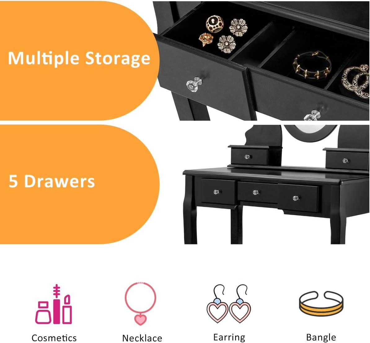 image:imageGiantex Vanity Set with Lighted Mirror Makeup Table with 10 Rose Light Modern Dressing Desk with Cushioned Stool 3 Drawers and 360 Rotating Mirror for Bedroom Vanity Table with Stool BlackBlack