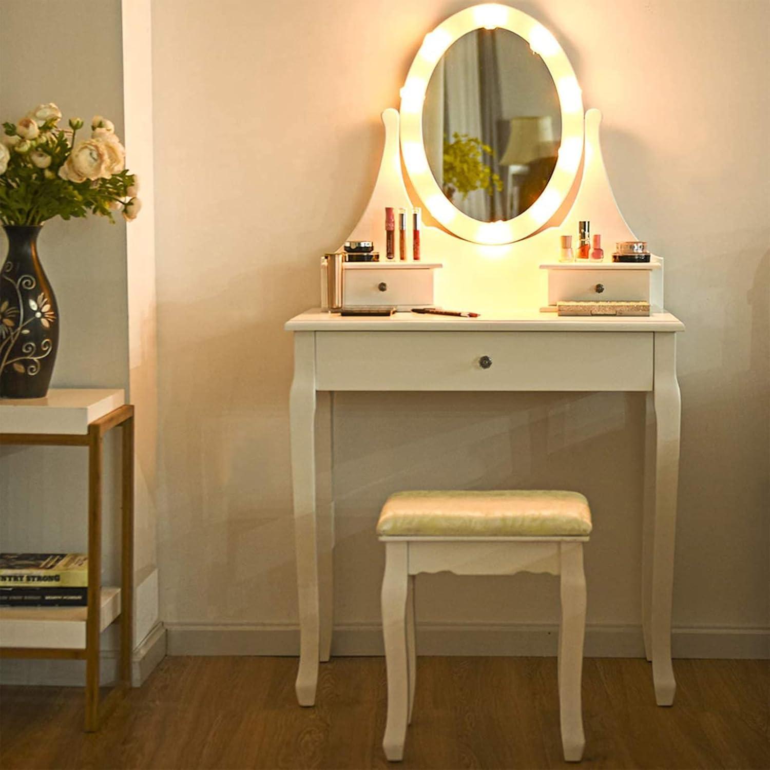 image:imageGiantex Vanity Set with Lighted Mirror Makeup Table with 10 Rose Light Modern Dressing Desk with Cushioned Stool 3 Drawers and 360 Rotating Mirror for Bedroom Vanity Table with Stool BlackWhite