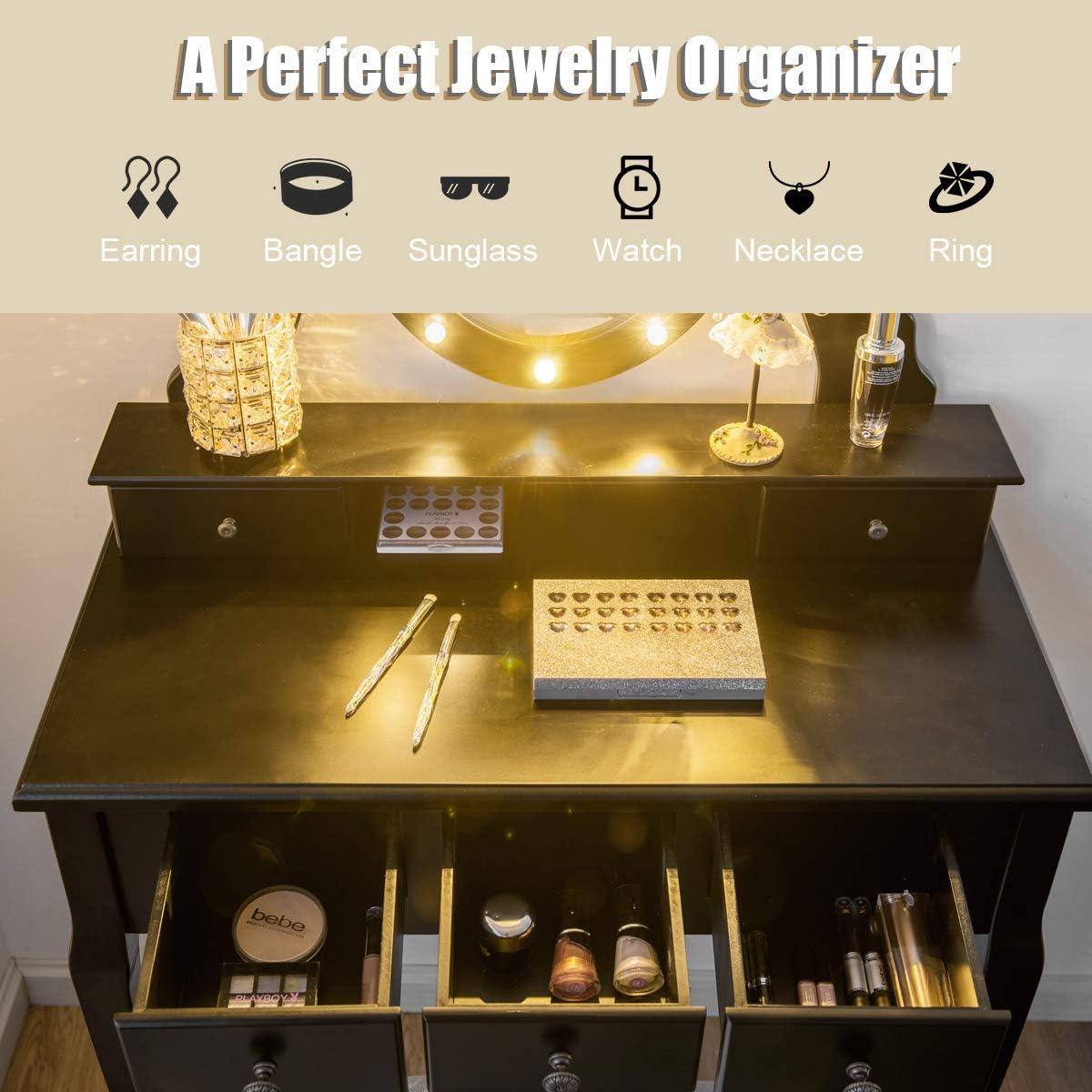 image:imageGiantex Vanity Set with Lighted Mirror Makeup Table with 10 Rose Light Modern Dressing Desk with Cushioned Stool 3 Drawers and 360 Rotating Mirror for Bedroom Vanity Table with Stool BlackBlack