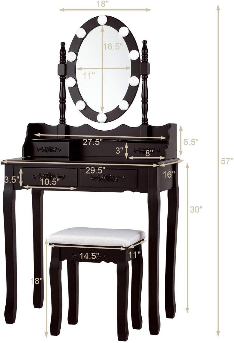 image:imageGiantex Vanity Set with Lighted Mirror Makeup Table with 10 Rose Light Modern Dressing Desk with Cushioned Stool 3 Drawers and 360 Rotating Mirror for Bedroom Vanity Table with Stool BlackEspresso