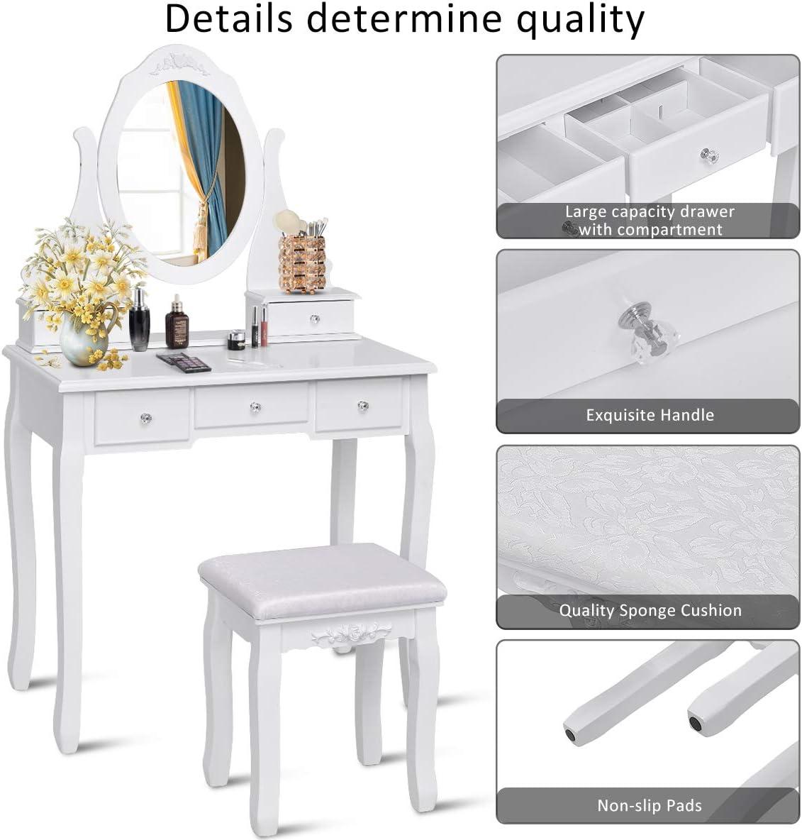 image:imageGiantex Vanity Set with Lighted Mirror Makeup Table with 10 Rose Light Modern Dressing Desk with Cushioned Stool 3 Drawers and 360 Rotating Mirror for Bedroom Vanity Table with Stool BlackWhite