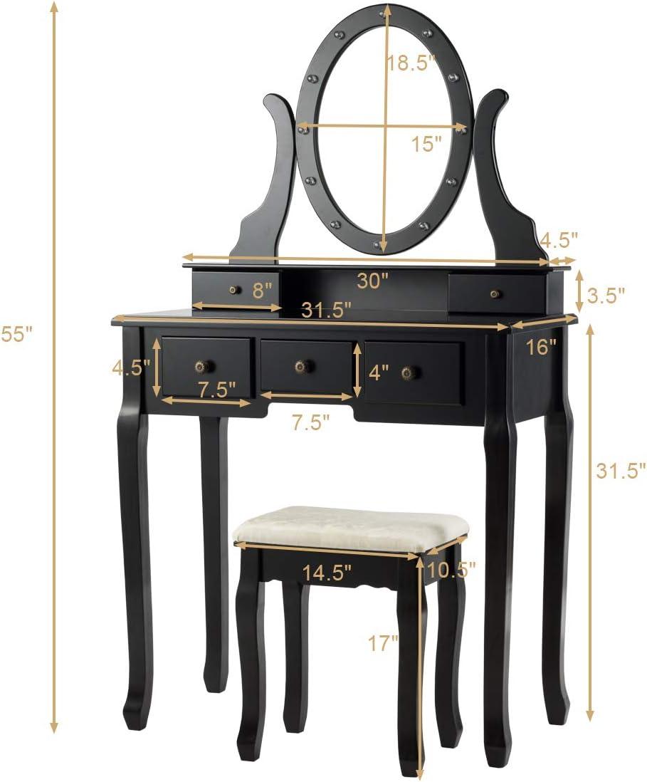 image:imageGiantex Vanity Set with Lighted Mirror Makeup Table with 10 Rose Light Modern Dressing Desk with Cushioned Stool 3 Drawers and 360 Rotating Mirror for Bedroom Vanity Table with Stool BlackBlack