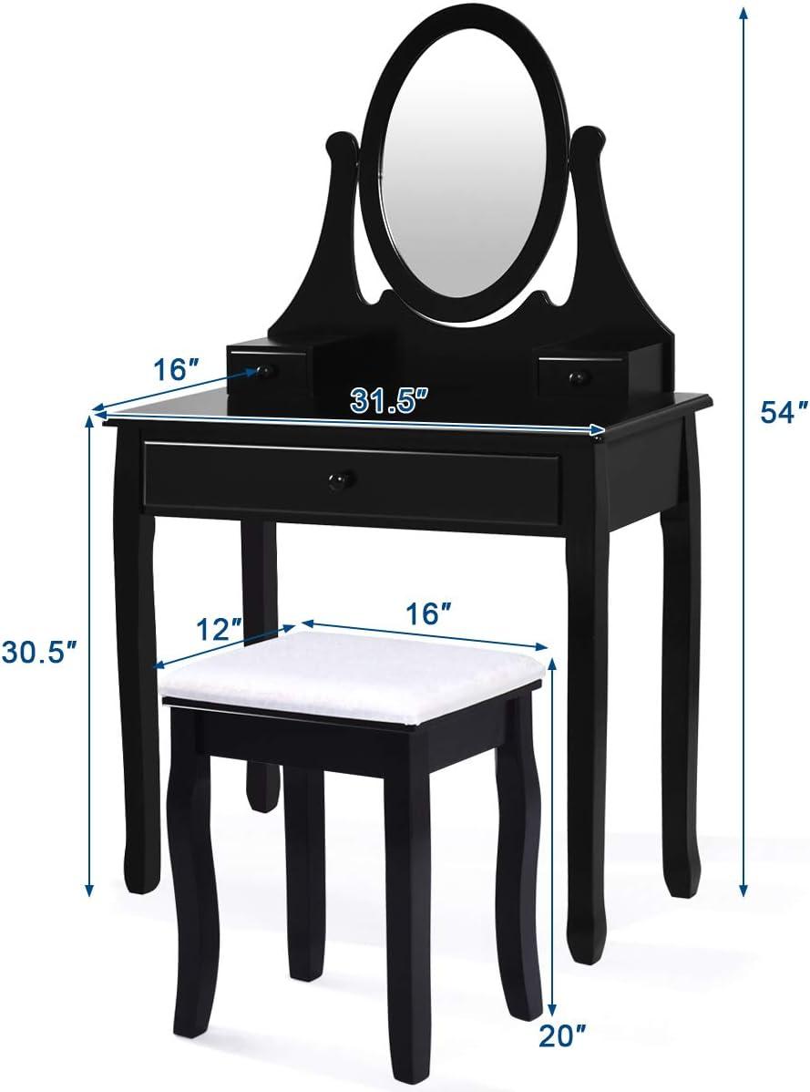 image:imageGiantex Vanity Set with Lighted Mirror Makeup Table with 10 Rose Light Modern Dressing Desk with Cushioned Stool 3 Drawers and 360 Rotating Mirror for Bedroom Vanity Table with Stool BlackBlack