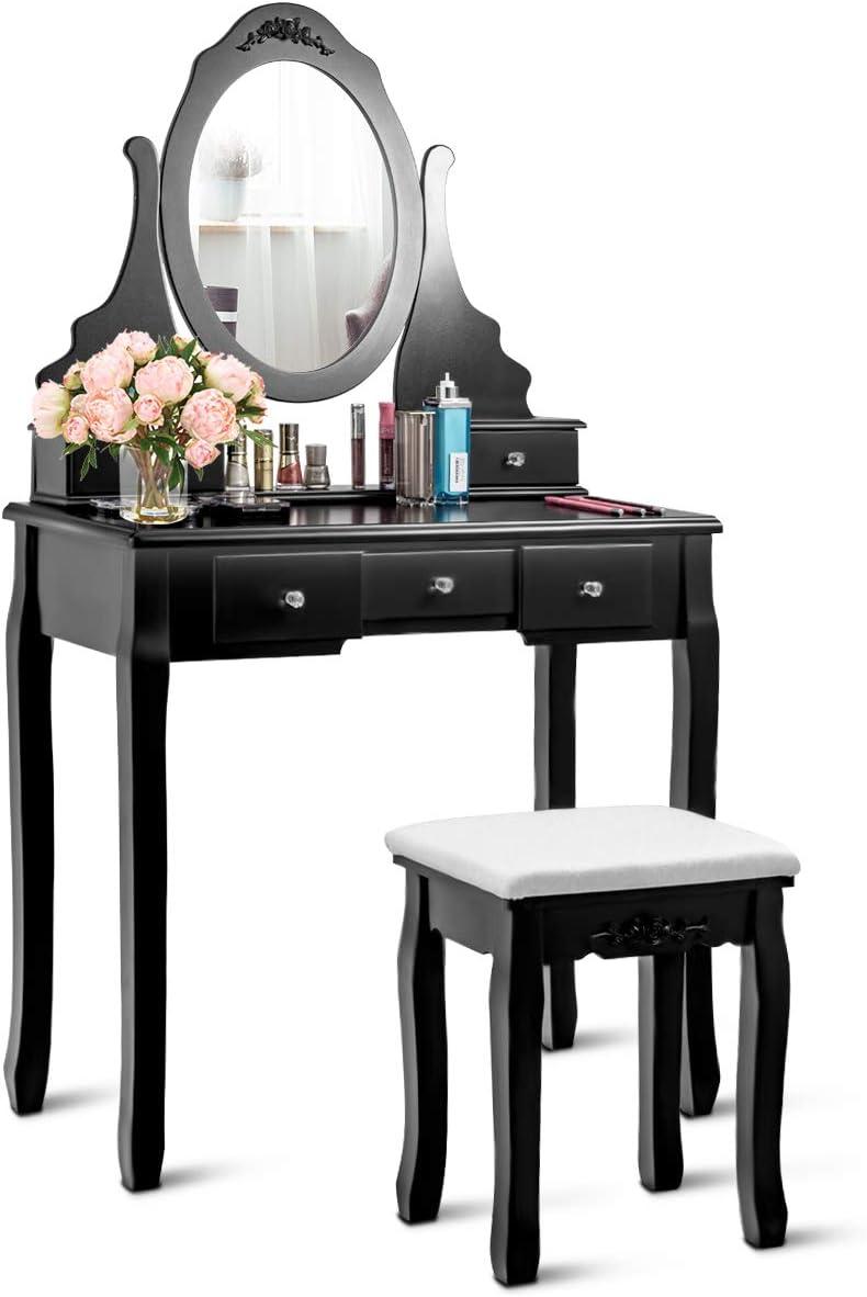 image:imageGiantex Vanity Set with Lighted Mirror Makeup Table with 10 Rose Light Modern Dressing Desk with Cushioned Stool 3 Drawers and 360 Rotating Mirror for Bedroom Vanity Table with Stool BlackBlack