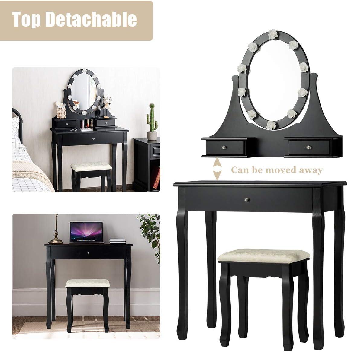 image:imageGiantex Vanity Set with Lighted Mirror Makeup Table with 10 Rose Light Modern Dressing Desk with Cushioned Stool 3 Drawers and 360 Rotating Mirror for Bedroom Vanity Table with Stool BlackBlack