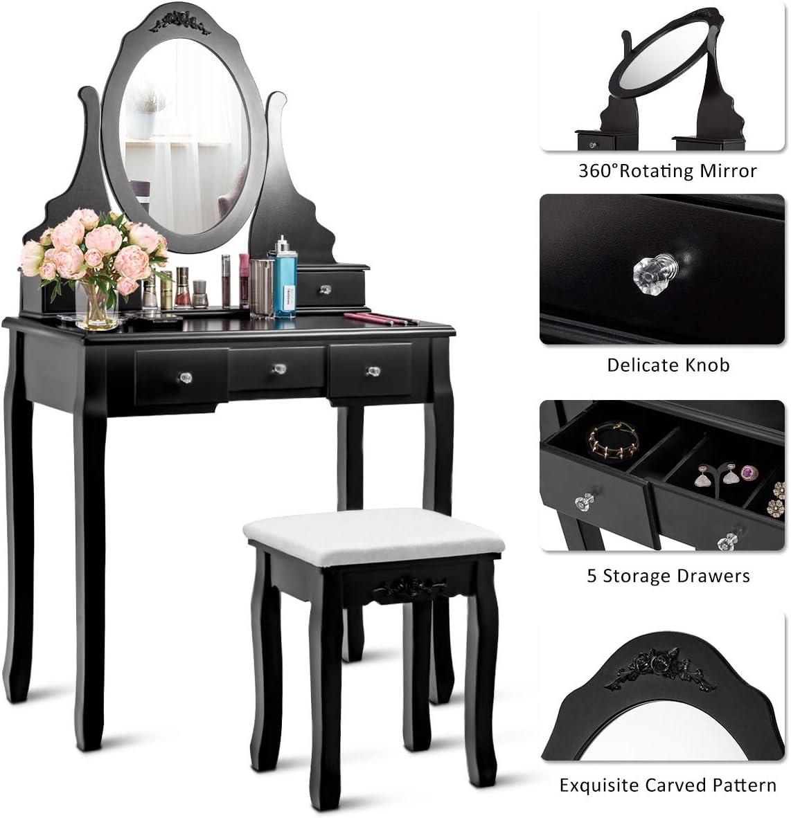 image:imageGiantex Vanity Set with Lighted Mirror Makeup Table with 10 Rose Light Modern Dressing Desk with Cushioned Stool 3 Drawers and 360 Rotating Mirror for Bedroom Vanity Table with Stool BlackBlack