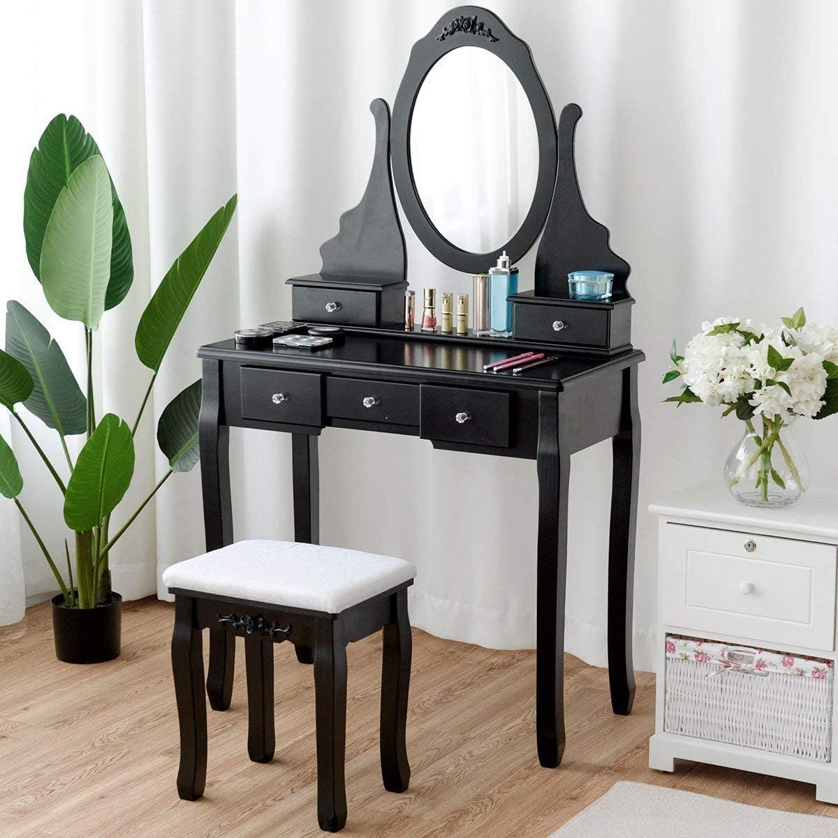 image:imageGiantex Vanity Set with Lighted Mirror Makeup Table with 10 Rose Light Modern Dressing Desk with Cushioned Stool 3 Drawers and 360 Rotating Mirror for Bedroom Vanity Table with Stool BlackBlack