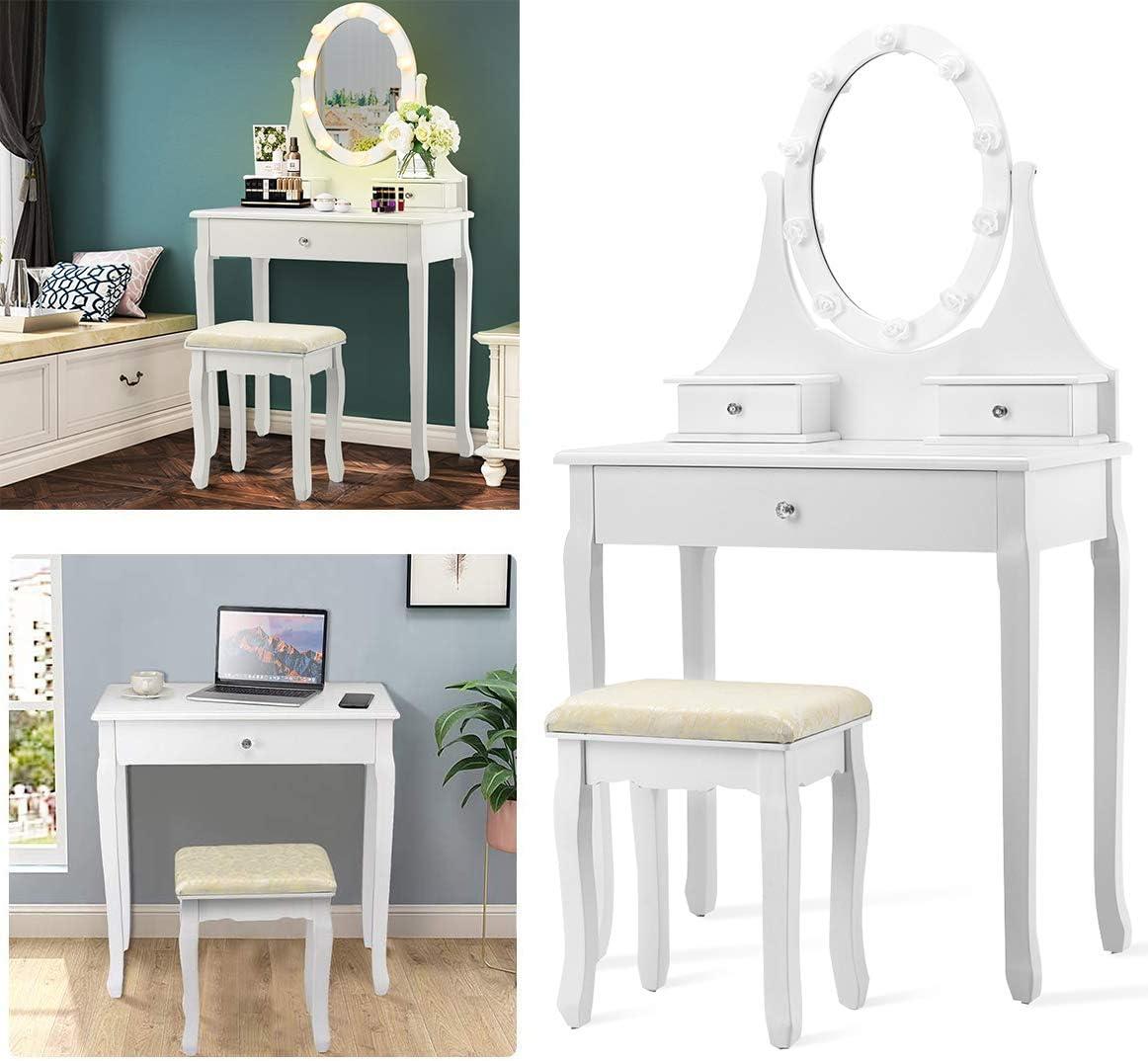 image:imageGiantex Vanity Set with Lighted Mirror Makeup Table with 10 Rose Light Modern Dressing Desk with Cushioned Stool 3 Drawers and 360 Rotating Mirror for Bedroom Vanity Table with Stool BlackWhite