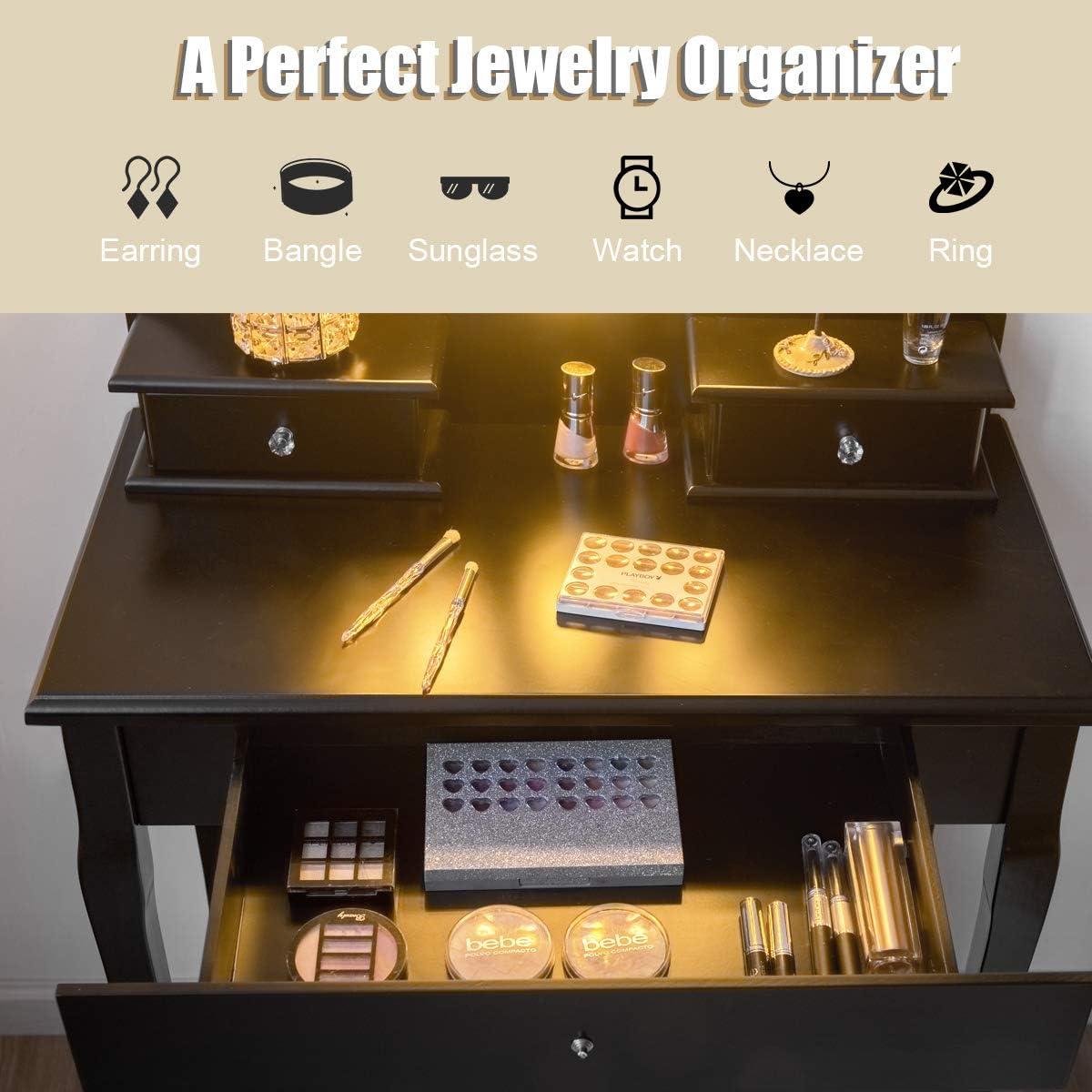 image:imageGiantex Vanity Set with Lighted Mirror Makeup Table with 10 Rose Light Modern Dressing Desk with Cushioned Stool 3 Drawers and 360 Rotating Mirror for Bedroom Vanity Table with Stool BlackBlack