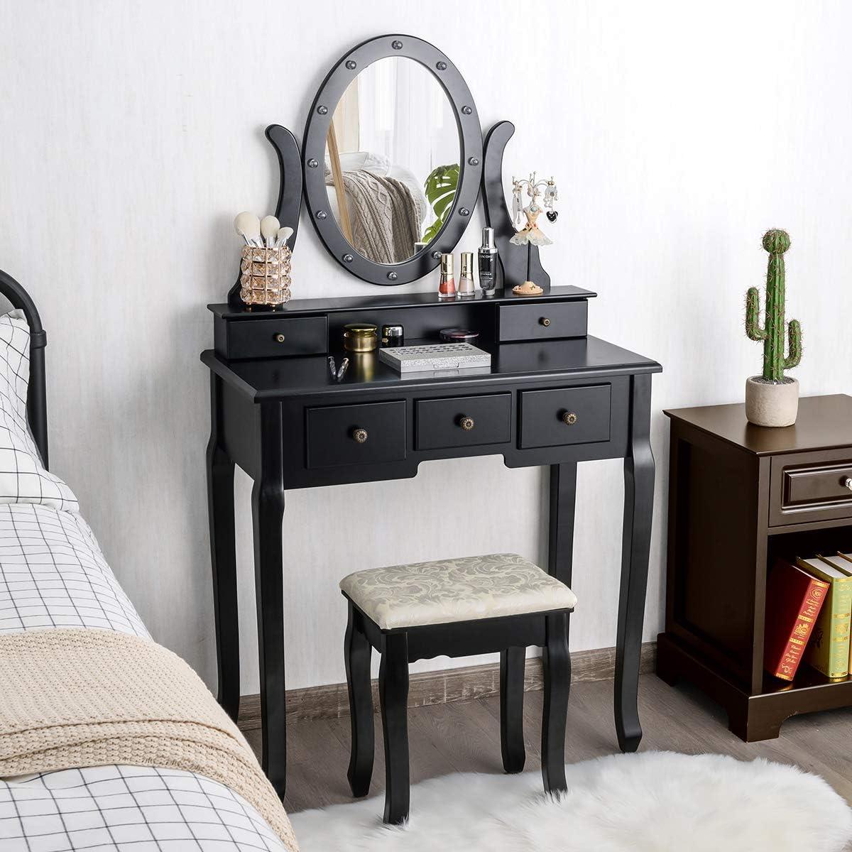 image:imageGiantex Vanity Set with Lighted Mirror Makeup Table with 10 Rose Light Modern Dressing Desk with Cushioned Stool 3 Drawers and 360 Rotating Mirror for Bedroom Vanity Table with Stool BlackBlack