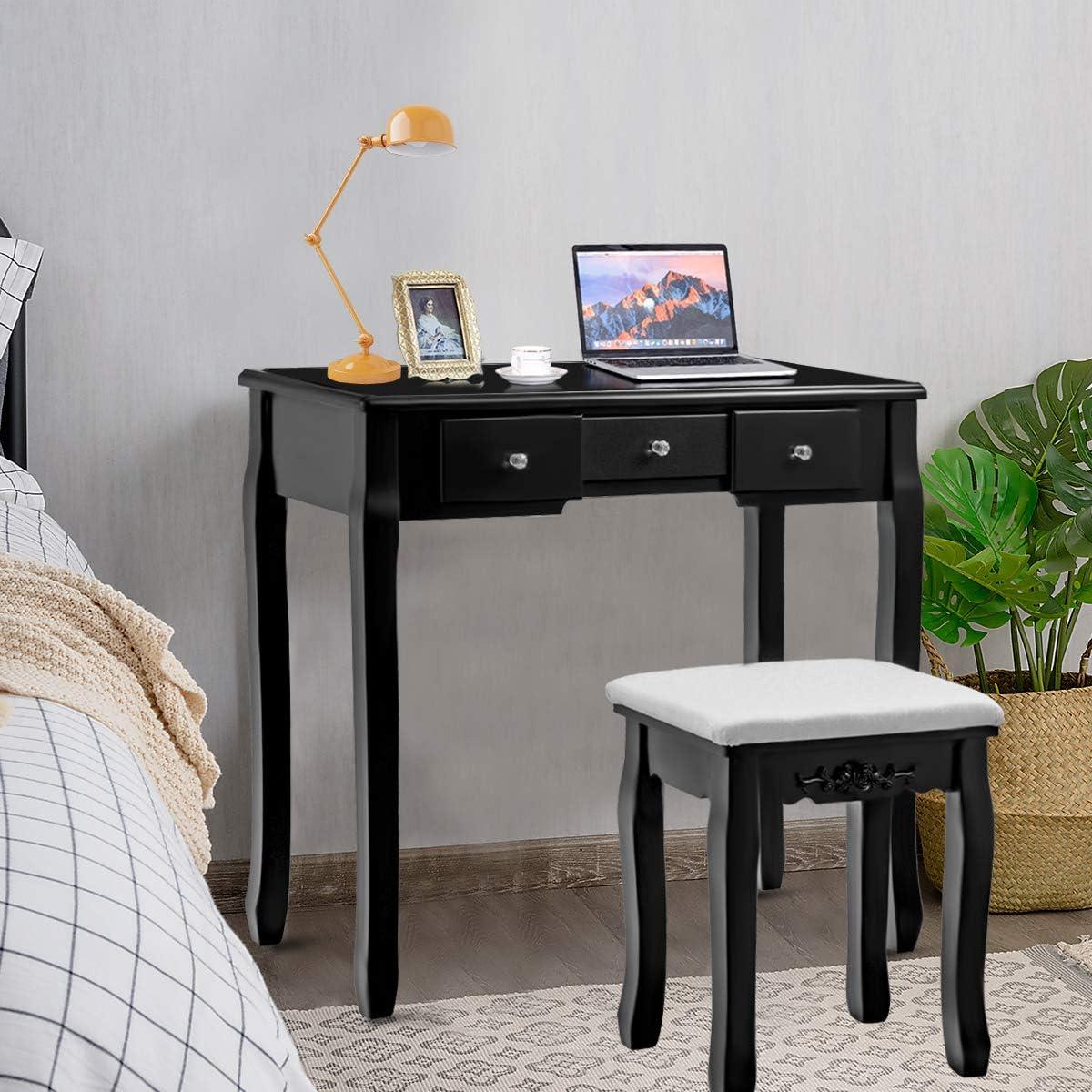image:imageGiantex Vanity Set with Lighted Mirror Makeup Table with 10 Rose Light Modern Dressing Desk with Cushioned Stool 3 Drawers and 360 Rotating Mirror for Bedroom Vanity Table with Stool BlackBlack