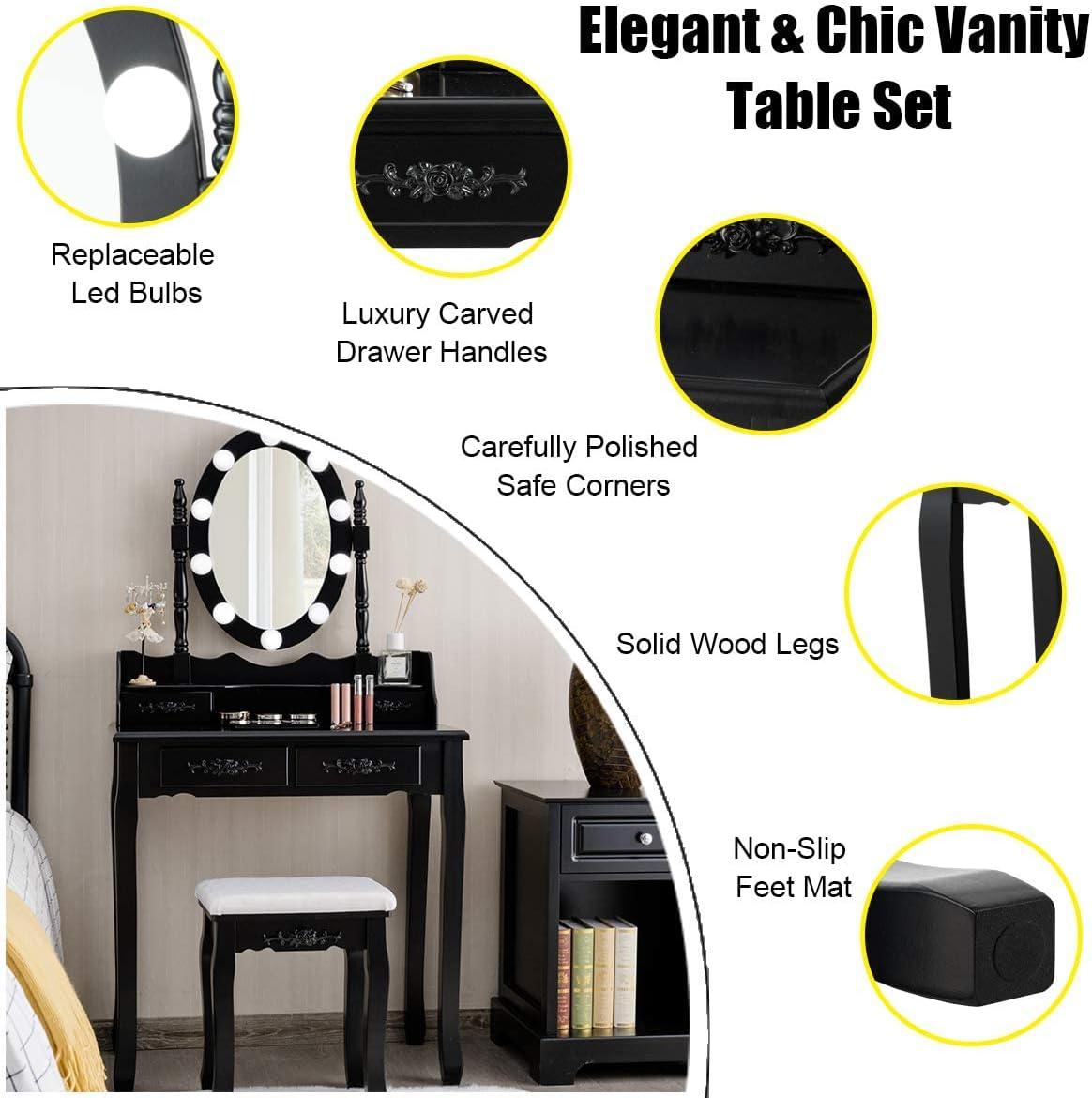 image:imageGiantex Vanity Set with Lighted Mirror Makeup Table with 10 Rose Light Modern Dressing Desk with Cushioned Stool 3 Drawers and 360 Rotating Mirror for Bedroom Vanity Table with Stool BlackBlack