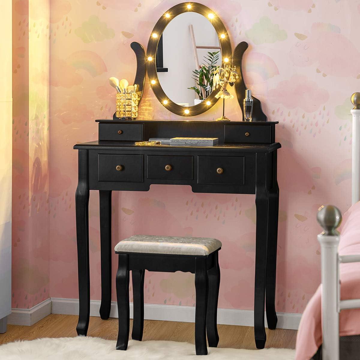 image:imageGiantex Vanity Set with Lighted Mirror Makeup Table with 10 Rose Light Modern Dressing Desk with Cushioned Stool 3 Drawers and 360 Rotating Mirror for Bedroom Vanity Table with Stool BlackBlack