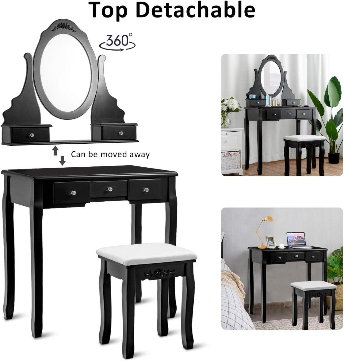 image:imageGiantex Vanity Set with Lighted Mirror Makeup Table with 10 Rose Light Modern Dressing Desk with Cushioned Stool 3 Drawers and 360 Rotating Mirror for Bedroom Vanity Table with Stool BlackBlack