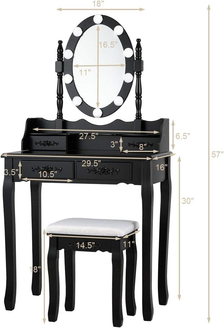 image:imageGiantex Vanity Set with Lighted Mirror Makeup Table with 10 Rose Light Modern Dressing Desk with Cushioned Stool 3 Drawers and 360 Rotating Mirror for Bedroom Vanity Table with Stool BlackBlack