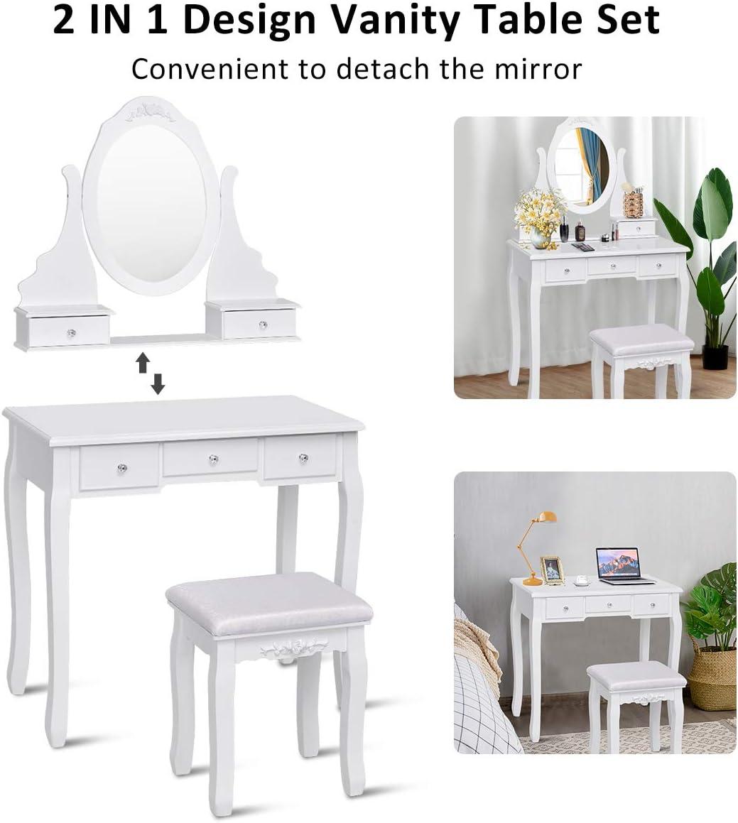 image:imageGiantex Vanity Set with Lighted Mirror Makeup Table with 10 Rose Light Modern Dressing Desk with Cushioned Stool 3 Drawers and 360 Rotating Mirror for Bedroom Vanity Table with Stool BlackWhite