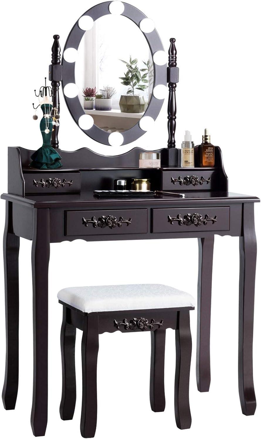 image:imageGiantex Vanity Set with Lighted Mirror Makeup Table with 10 Rose Light Modern Dressing Desk with Cushioned Stool 3 Drawers and 360 Rotating Mirror for Bedroom Vanity Table with Stool BlackEspresso