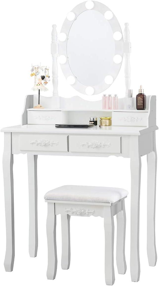 image:imageGiantex Vanity Set with Lighted Mirror Makeup Table with 10 Rose Light Modern Dressing Desk with Cushioned Stool 3 Drawers and 360 Rotating Mirror for Bedroom Vanity Table with Stool BlackWhite