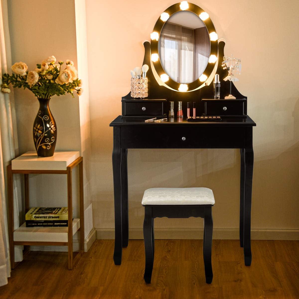 image:imageGiantex Vanity Set with Lighted Mirror Makeup Table with 10 Rose Light Modern Dressing Desk with Cushioned Stool 3 Drawers and 360 Rotating Mirror for Bedroom Vanity Table with Stool BlackBlack