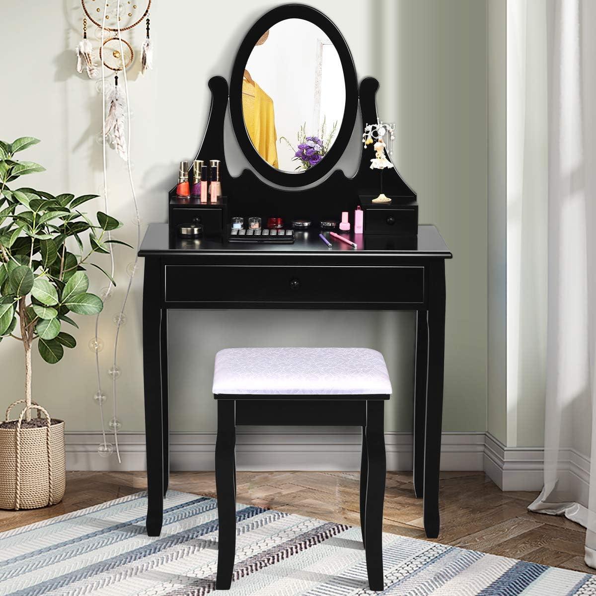 image:imageGiantex Vanity Set with Lighted Mirror Makeup Table with 10 Rose Light Modern Dressing Desk with Cushioned Stool 3 Drawers and 360 Rotating Mirror for Bedroom Vanity Table with Stool BlackBlack